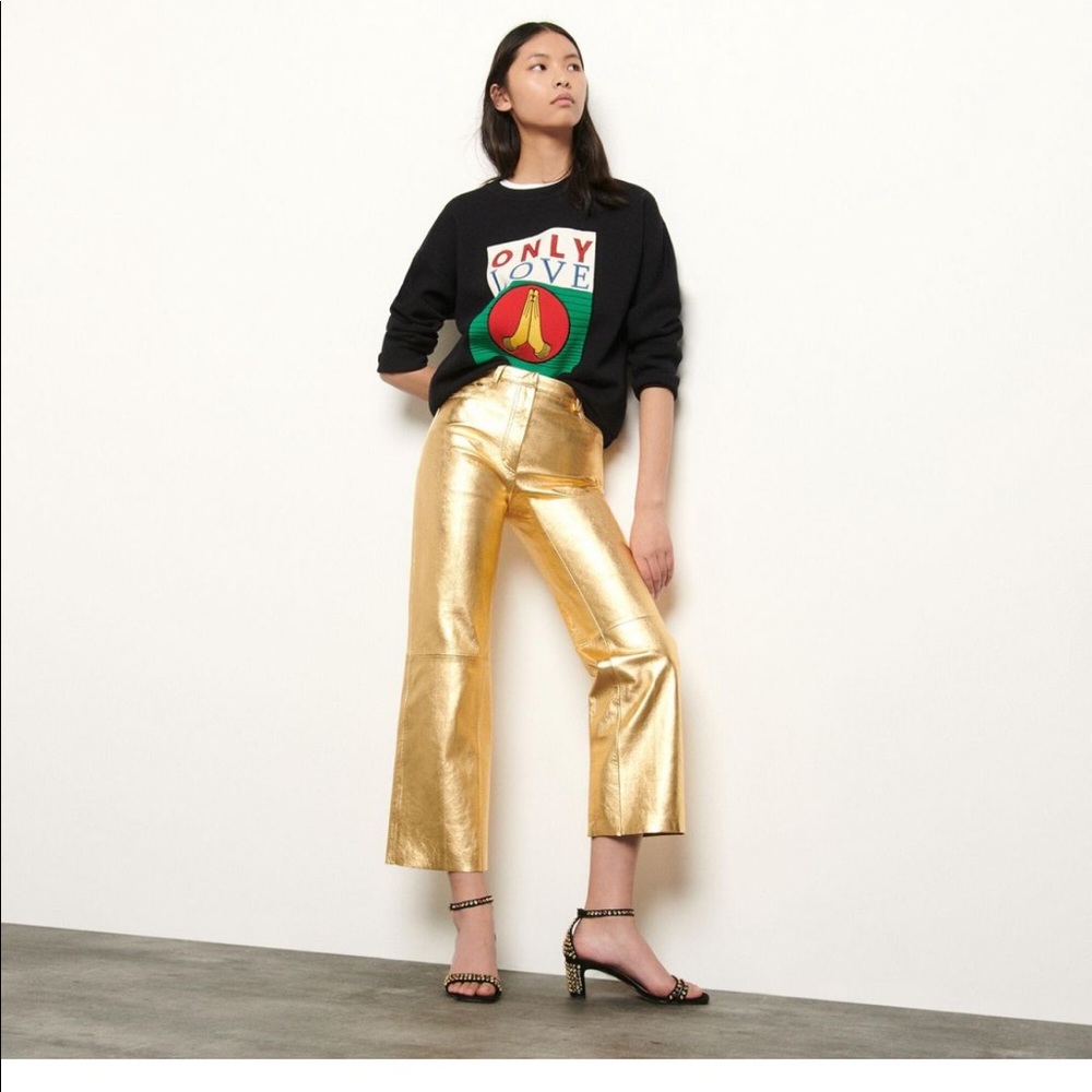 Sandro Paris Gold Women's Metallic Leather Trousers/Pants Sz 38 (New with Tags)